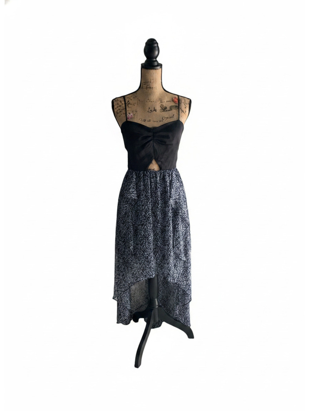 BCBGeneration Black Satin and Printed High-Low Dress with Cutout Detail
